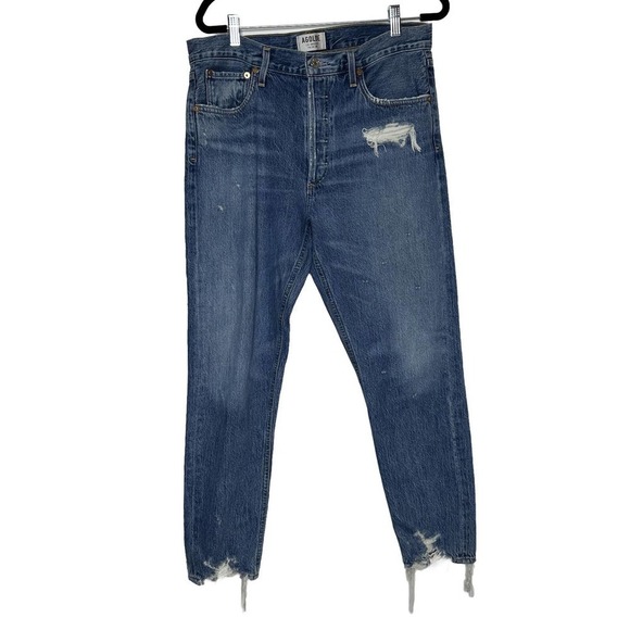 Agolde Distressed Crop Button Fly Jeans Women's Straight Leg Dark Wash Size 30 - Picture 1 of 9